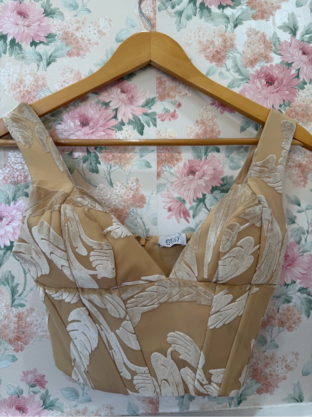 Oh Polly Beige Bustier Top with Ivory Floral Embroidery